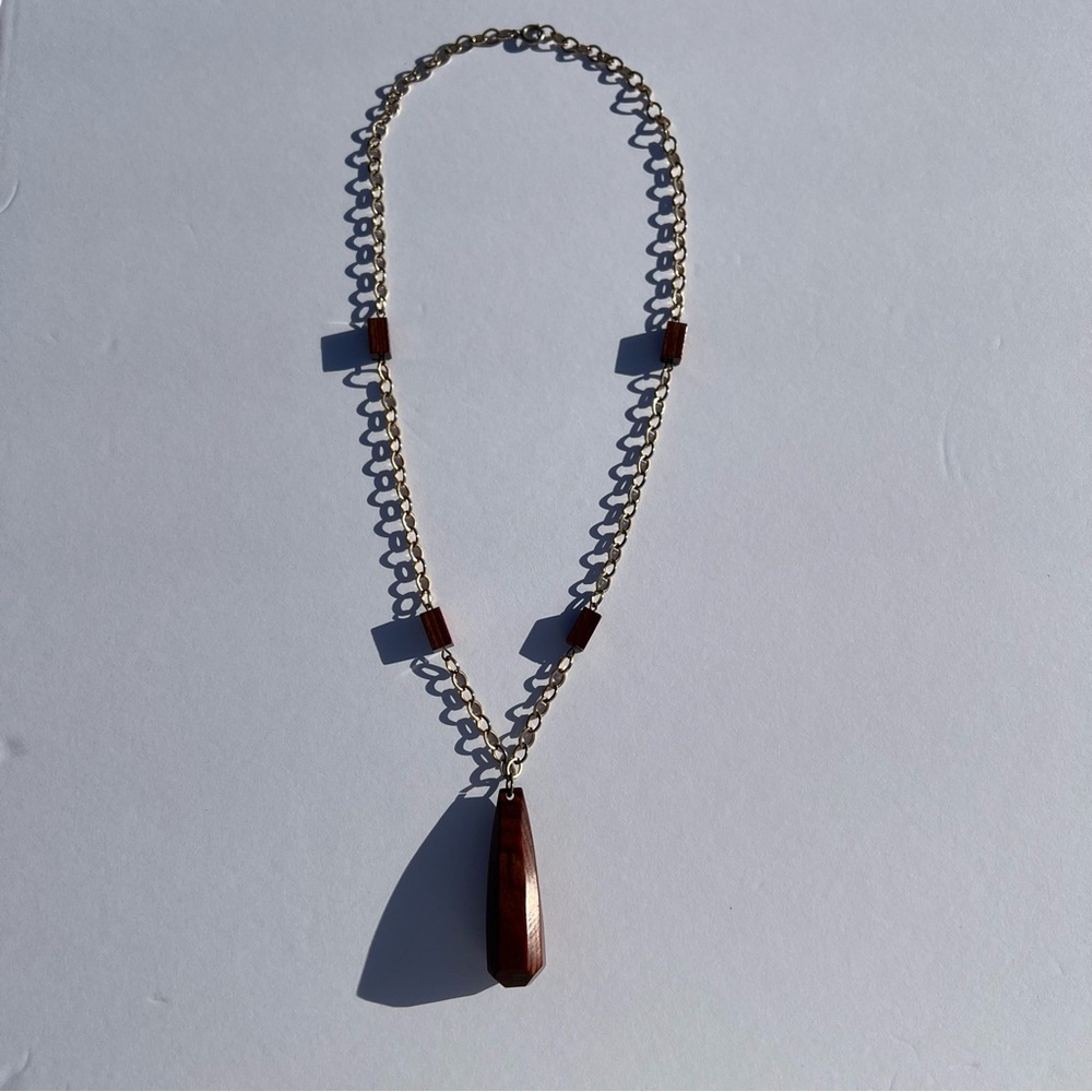 Elegant Gold-Toned and Brown Wood Pendant Necklace